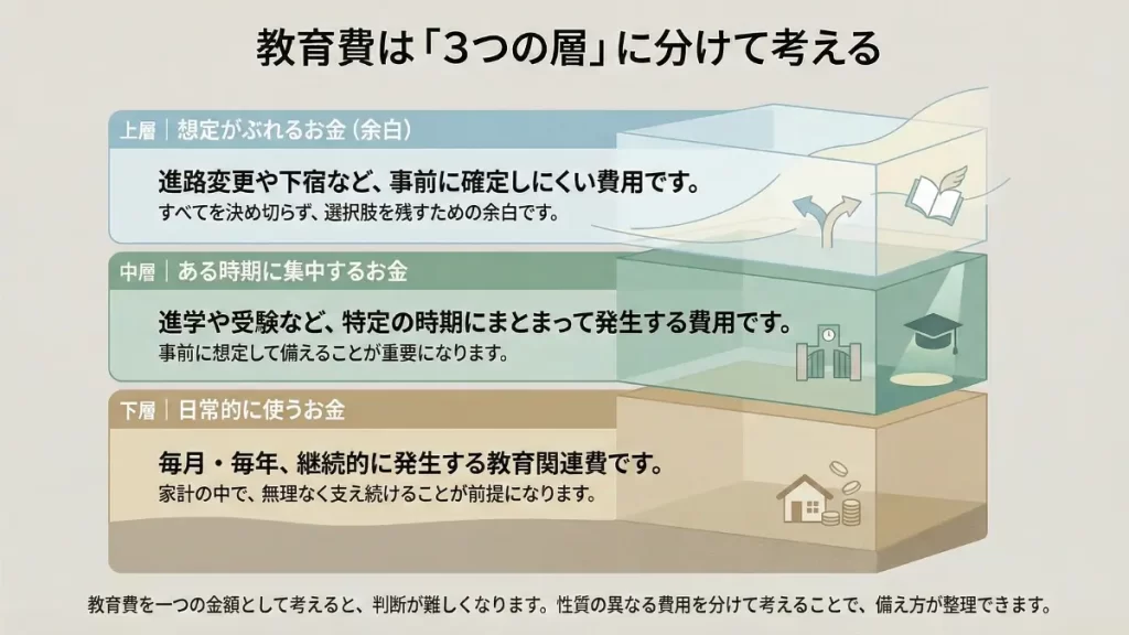 教育費を日常費・時期集中費・想定がぶれる費用の3層に分けて整理した図