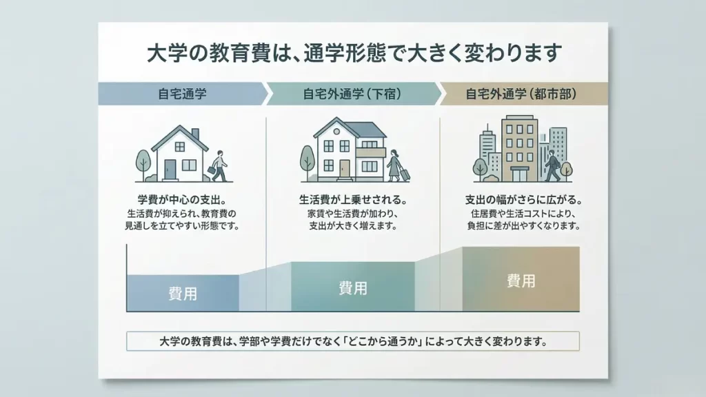 大学の教育費が自宅通学か自宅外通学かによって大きく変わることを示す図